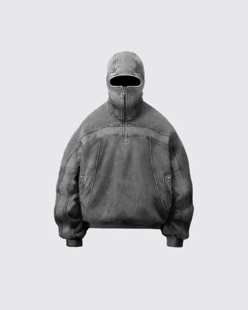 Designer Classic Balaclava Hoodie Washed Grey Ninja Style Hip Hop ...