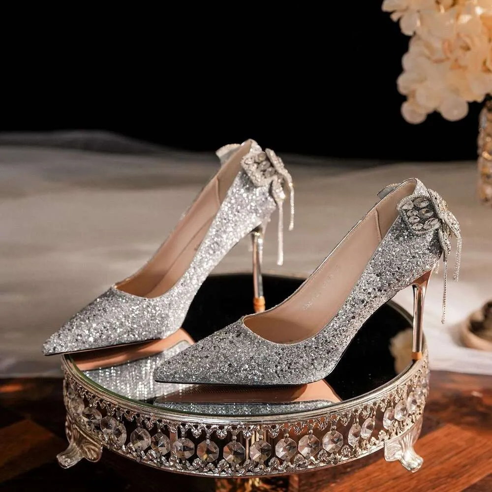 Sequin Bow Tassel Rhinestone Wedding Heels High-End Banquet Shoes