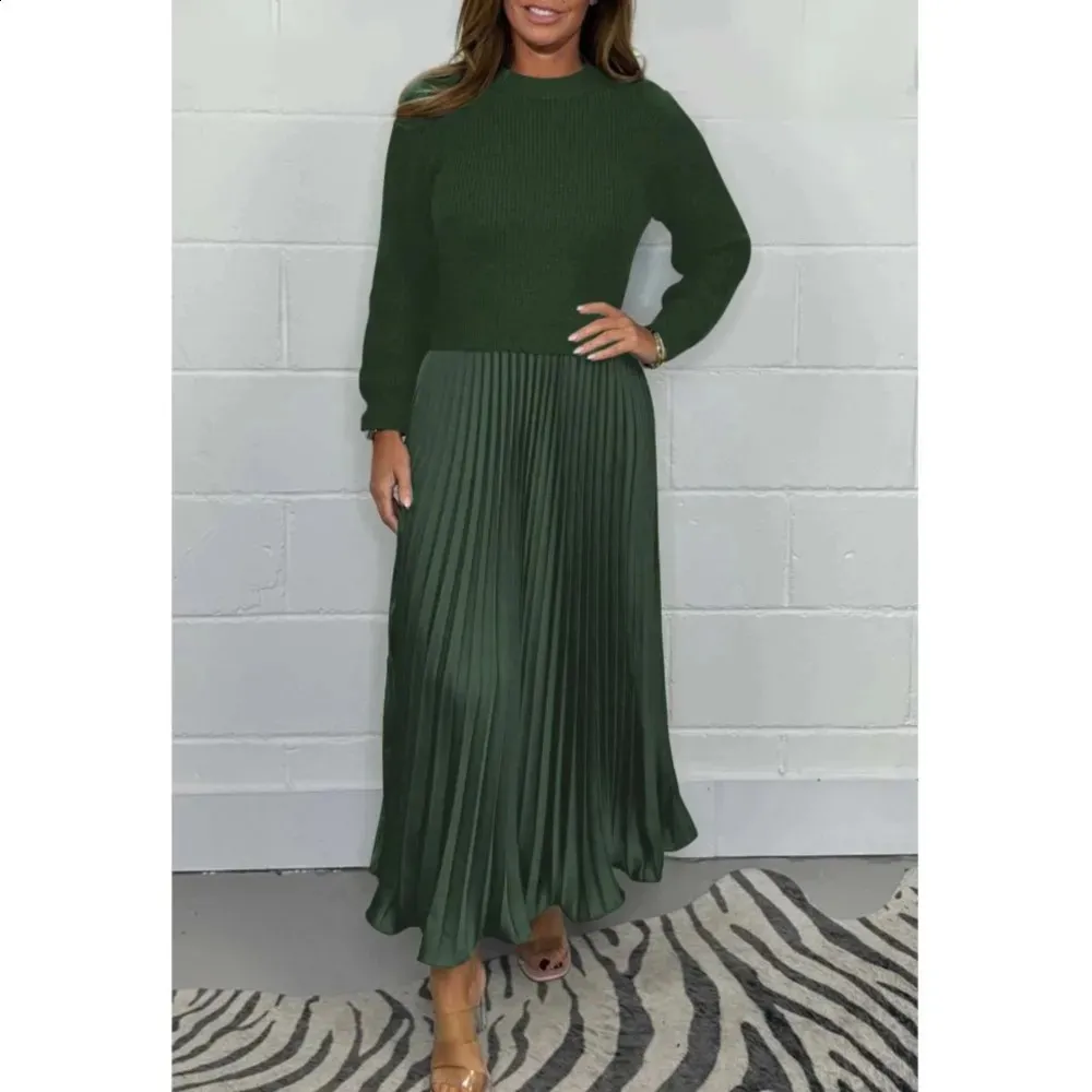 Fashion Knit Long Sleeve Womens Dress - Color Matching Pleated Knitted  Dress for Autumn and Winter