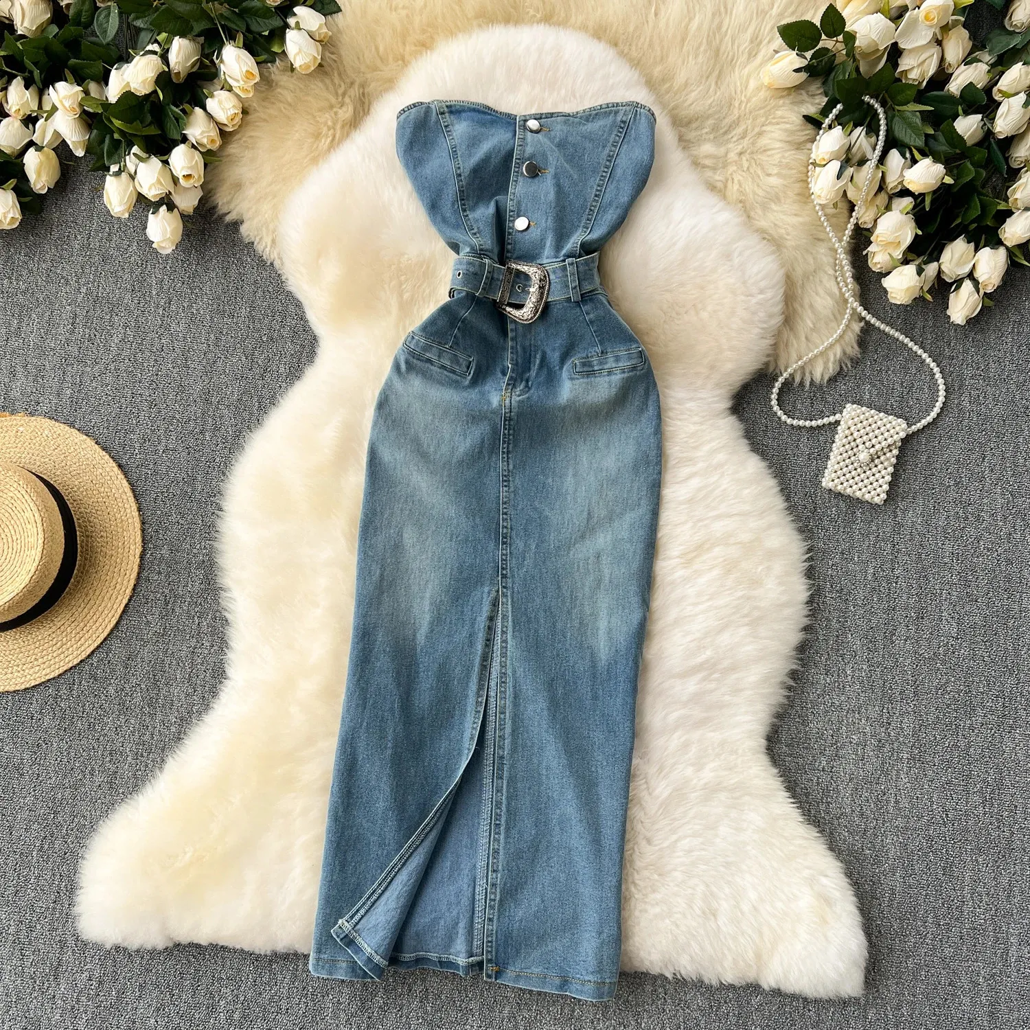 denim dresses 2024 Qiyulanc Fall Pleated Denim Dresses for Women 2024 Trendy Long Sleeve Turndown Collar Button Down Dresses Casual Loose Jean Dress With Pockets,