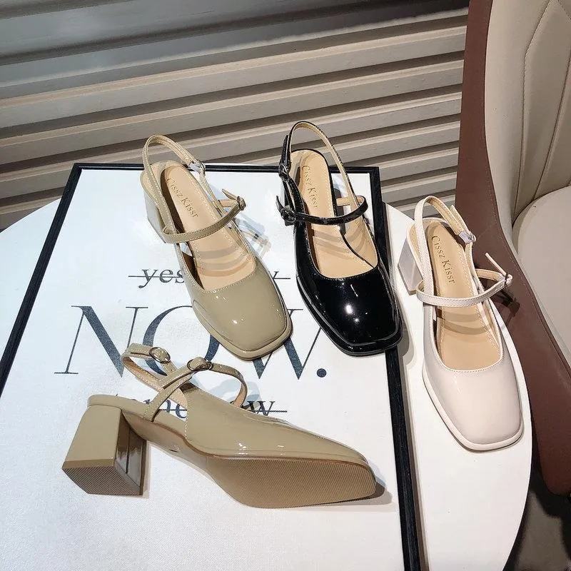 New Ddmywed Spring Mary Jane Shoes With Square Head One Line Buckle Lacquer Leather Coarse Custom Middle Heel Back Empty_voghion.com