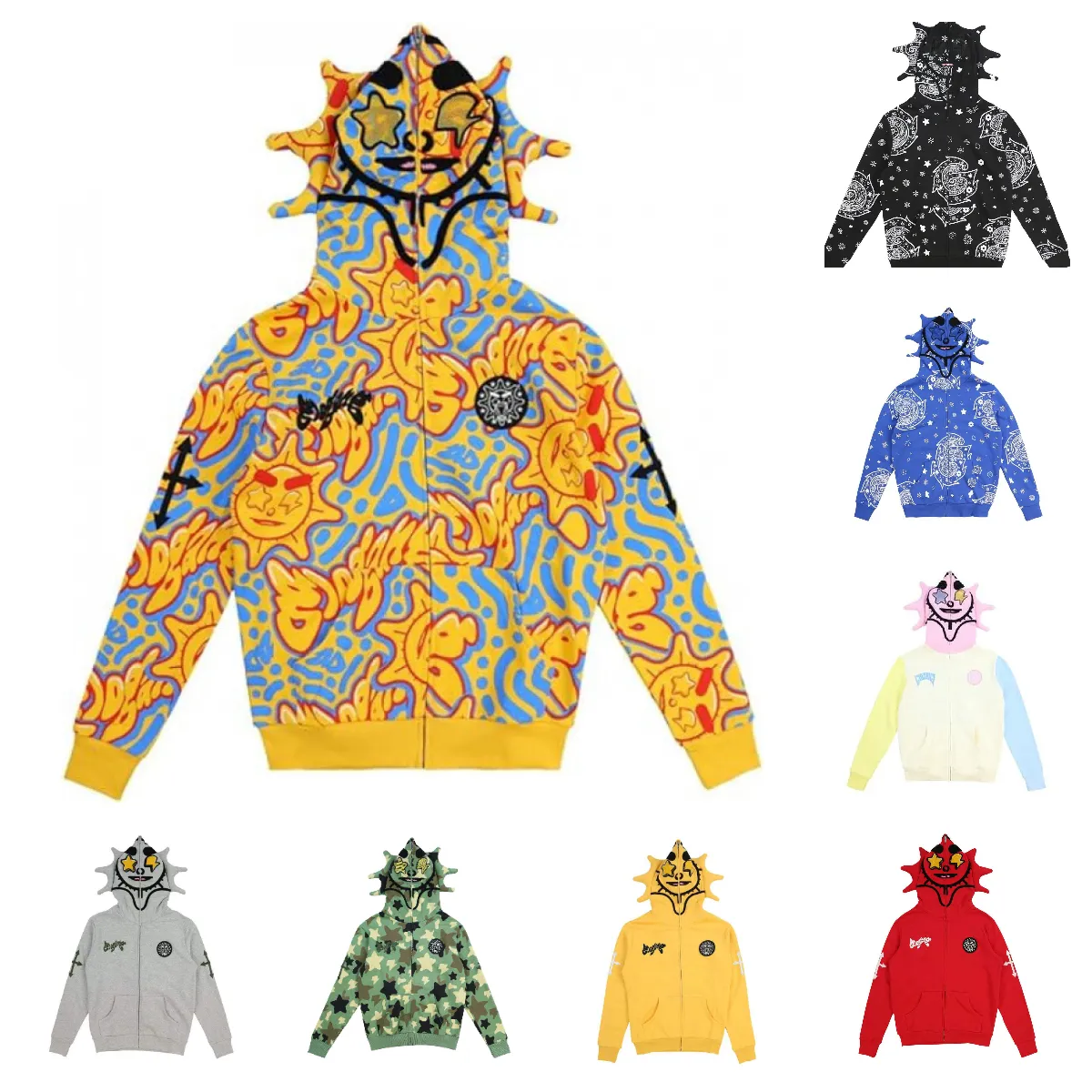 Zip Up Star Print Hoodie with 3D Graphic, Polyester Y2K Casual 
