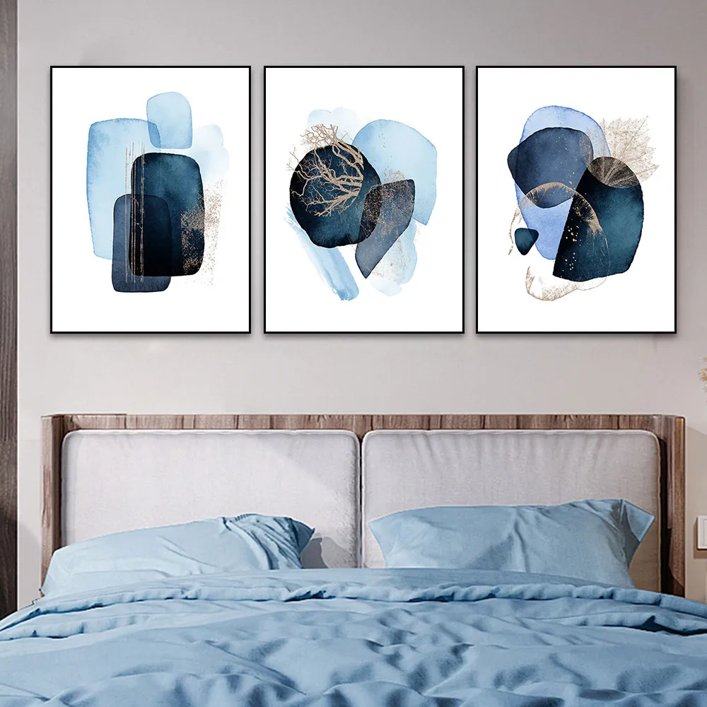 Navy Blue Abstract Canvas Art 3-Piece Set | Modern Geometric Wall Decor ...