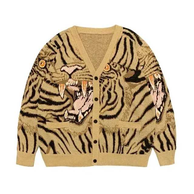 Knit Kimono Cardigan: Mens Jacquard Tiger Pattern From