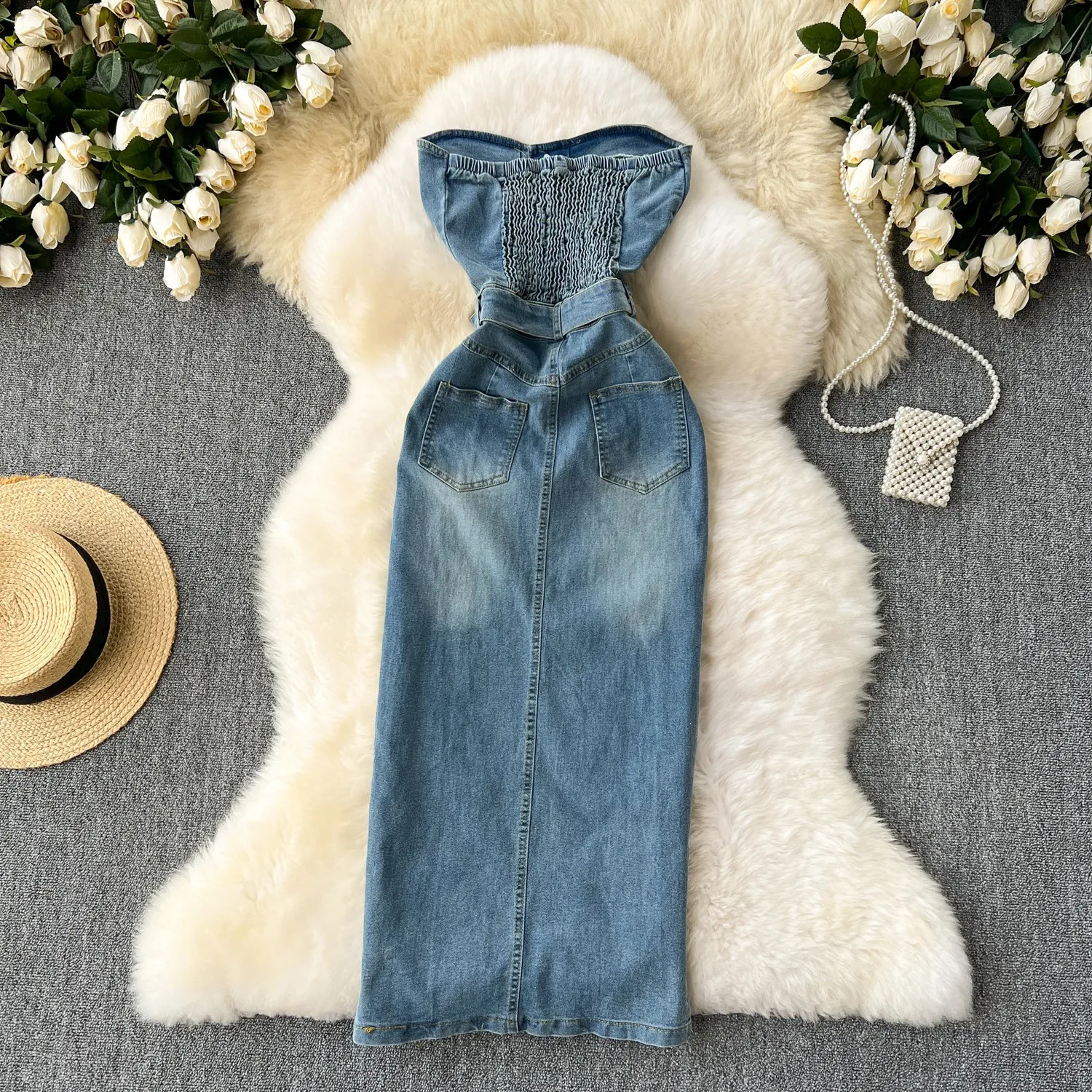 knee length dresses for ladies Lana Roux Women's Baggy Maxi Denim Overall Dress Medium Denim / Large