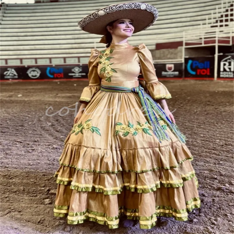 Gown Vestidos De Xv Folkloricos Gold Embroidered Quinceanera Dress
