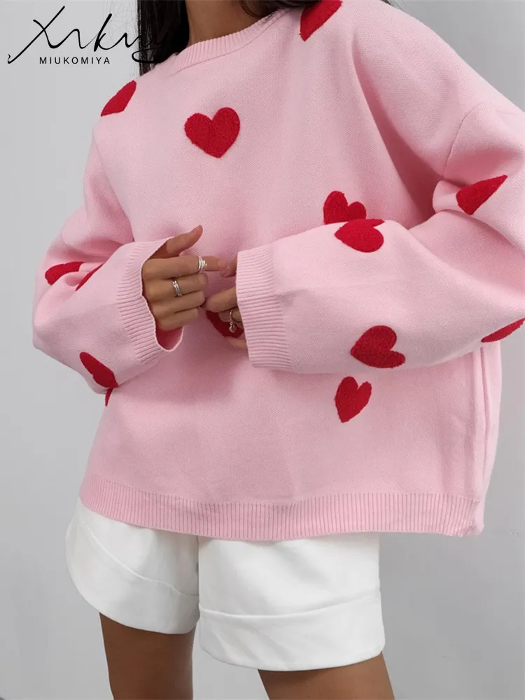 Save Big on Bulk Heart Embroidered Sweater Stylish Women's Embroidered Sweaters Pink Pullover Sweater With Heart Design, Thick Winter Sweaters,