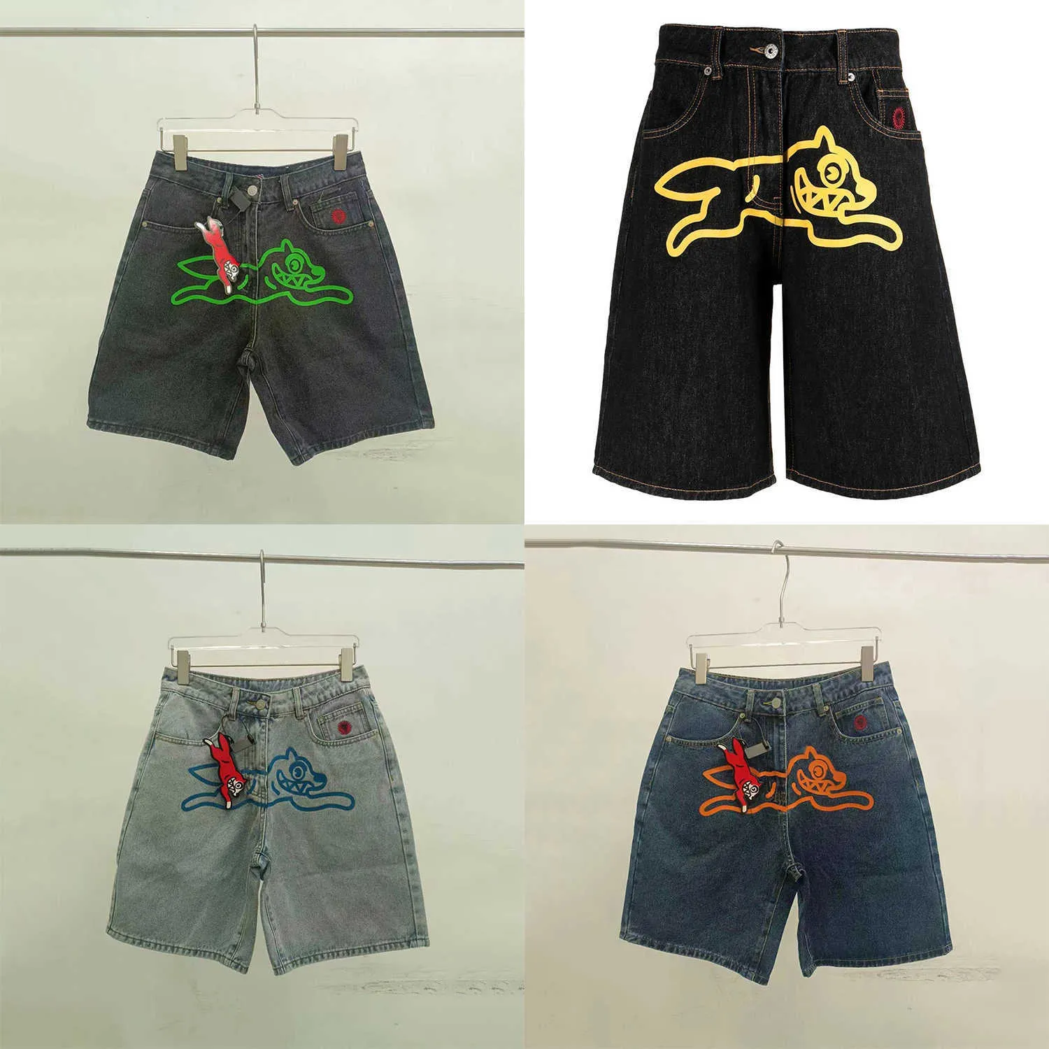 Mens Denim Jorts Hip Hop Style, Flying Dog Print, Wide Leg, High