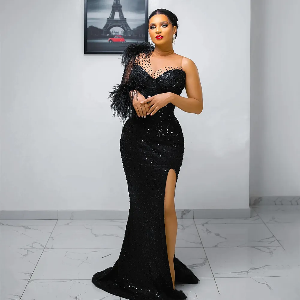 Luxurious Black black prom dress with Beaded Pearls,...