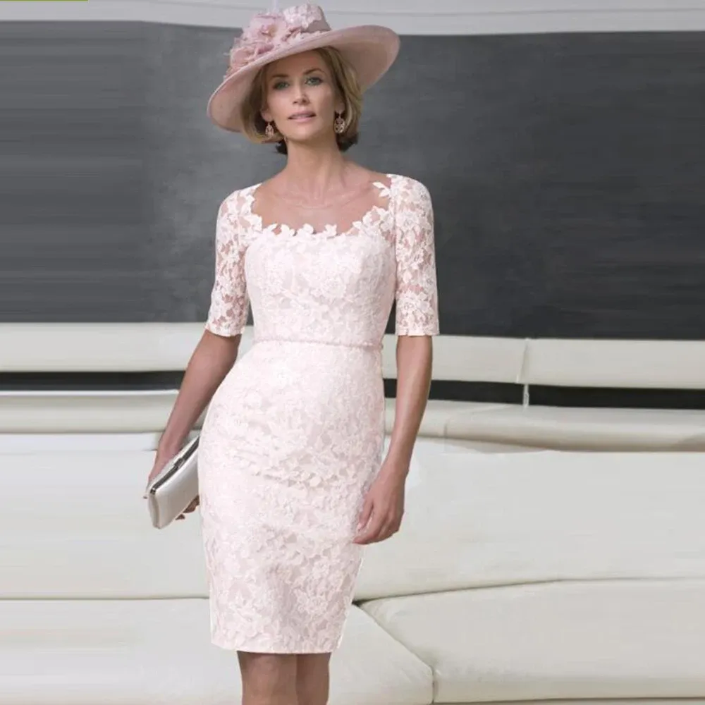 blush pink cocktail dress for wedding Veloria Lace Illusion Sheath Midi Formal A Line Neckline Short Blush Pink Wedding Guest
