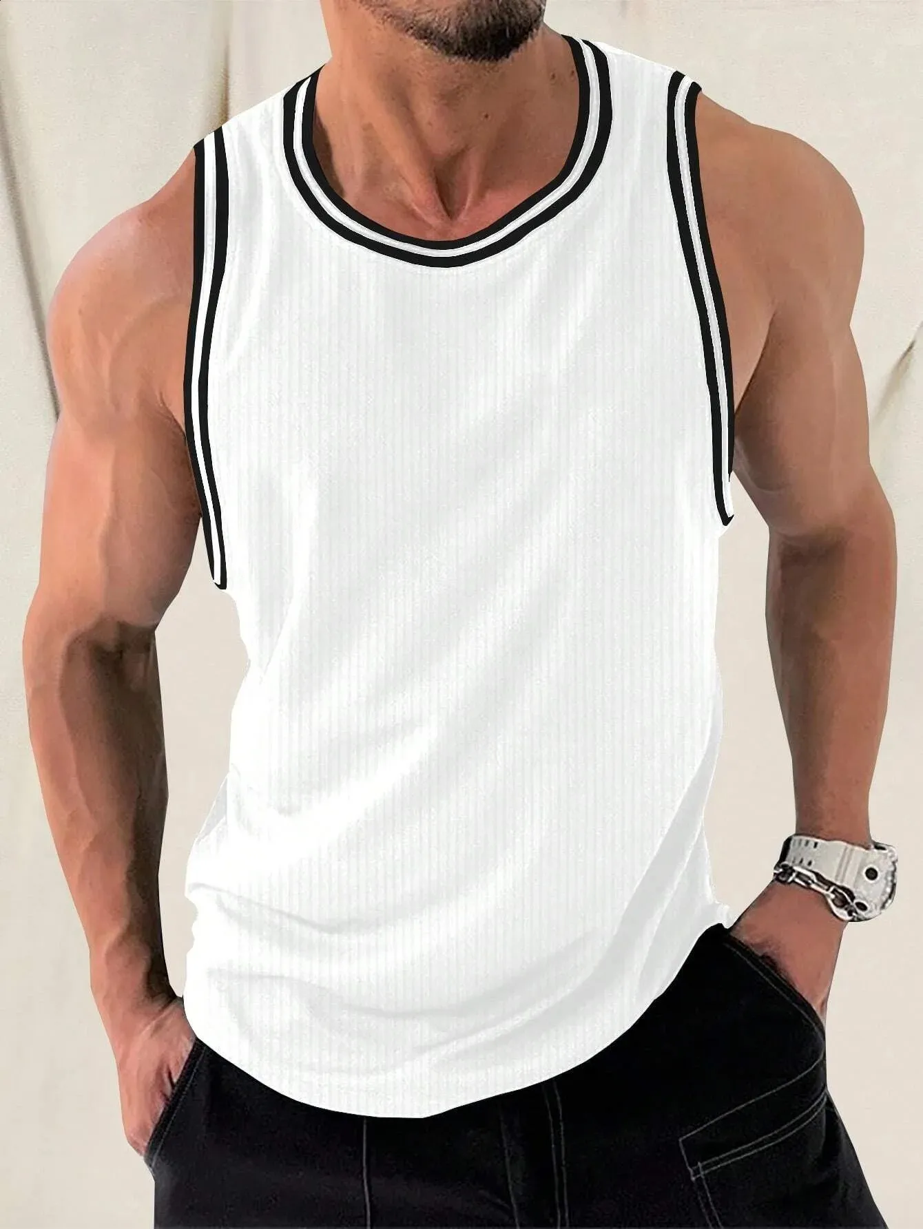 Men's Knitted Vertical Stripe Racerback Sleeveless T-Shirt, image size:1340x1785