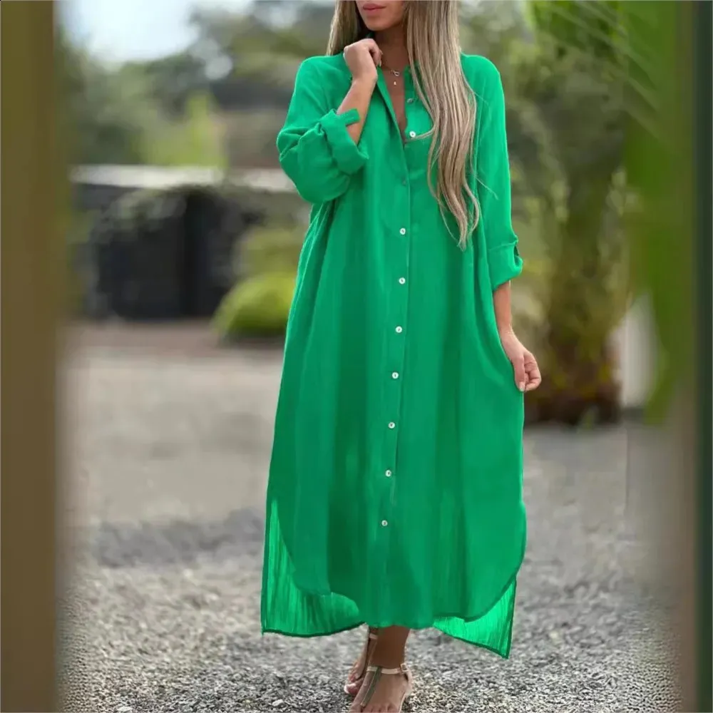 Loose Cotton and Linen button up maxi dress for Women - Fashionable and Casual Long Sleeved Cardigan in Solid Color with Irregular Robe (Style 241228)