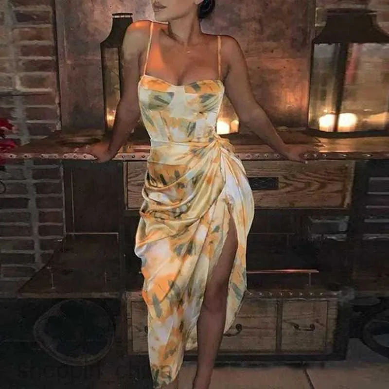 Summer Women's Floral Print Silk Dress with Hanging Strap and High Waist