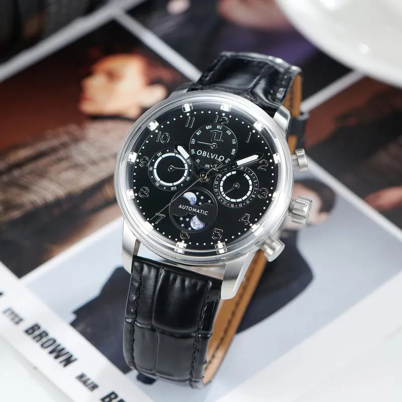OBLVLO Men's Automatic Watch: Sapphire Crystal, Leather Strap, Classic  Multi-Function Calendar Wristwatch