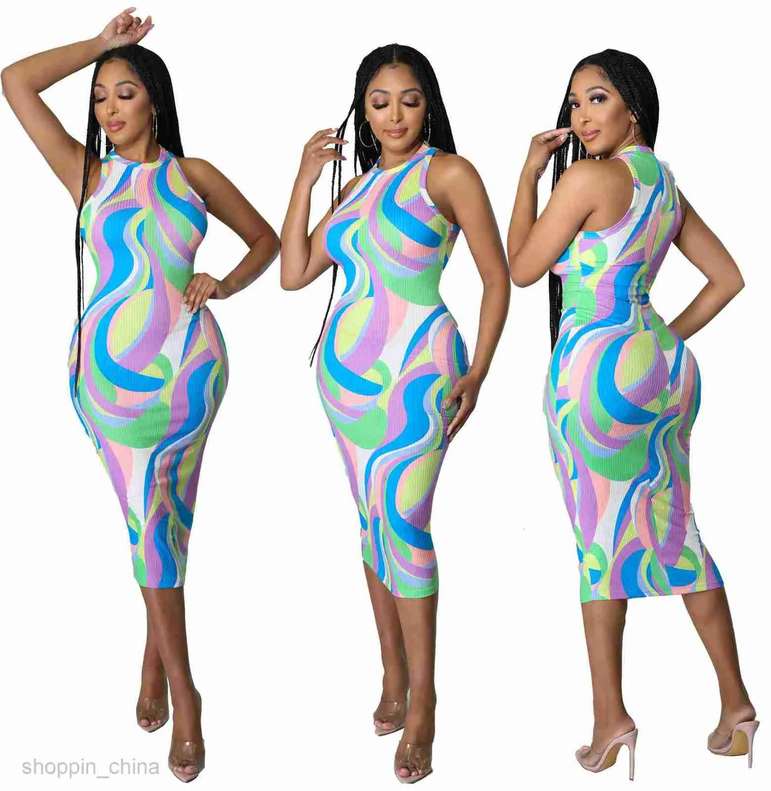 Colorful Sleeveless Pit Stripe Fabric Dress for Women's Summer Casual Fashion