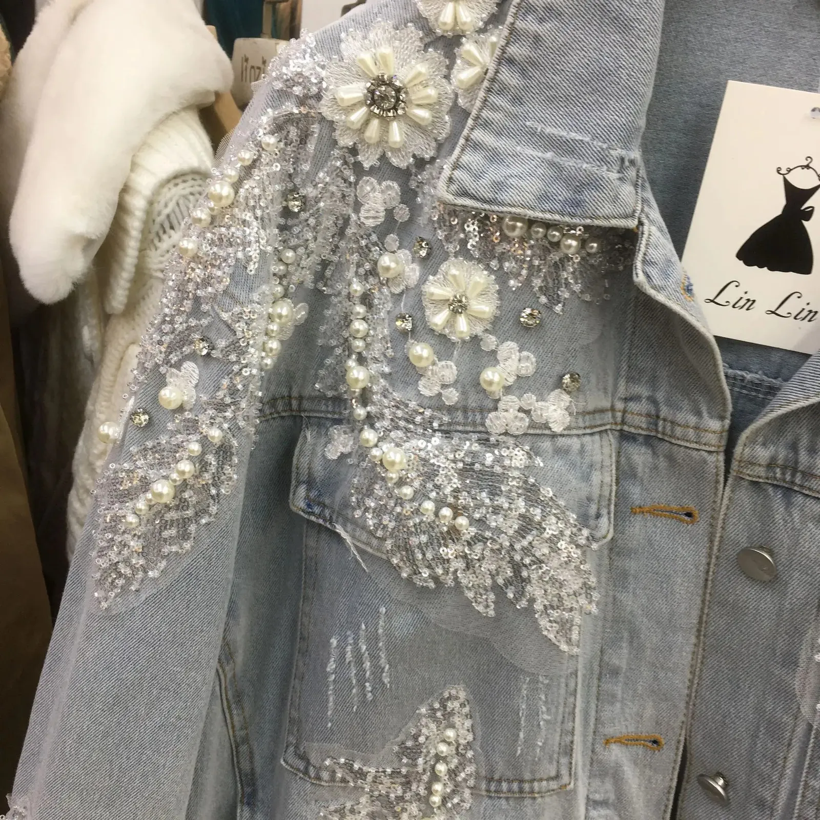 thumbnail image 2 of Chouyatou Women's Fall Distressed Oversized Denim Jacket Embroidered 2 of 10