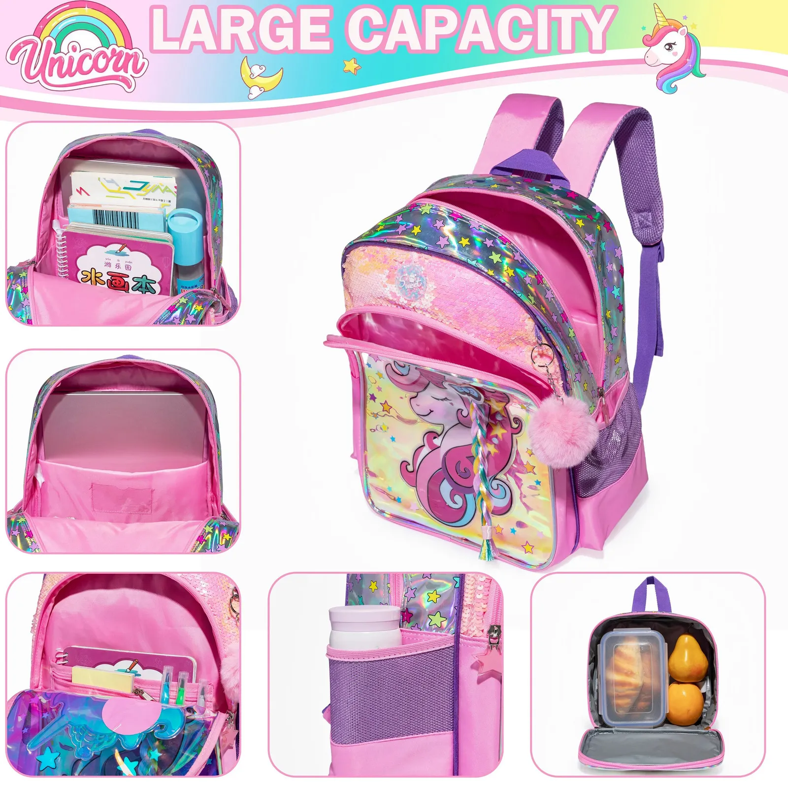Meetbelify Full-Size Backpack for Girls with Insulated Lunch Box for ...