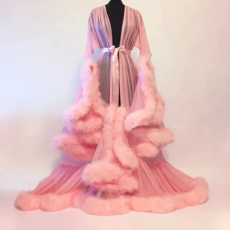 Trailing Robe Sensual Nighty Lingerie: Women's Sheer Robe With Feathered Trumpet ...