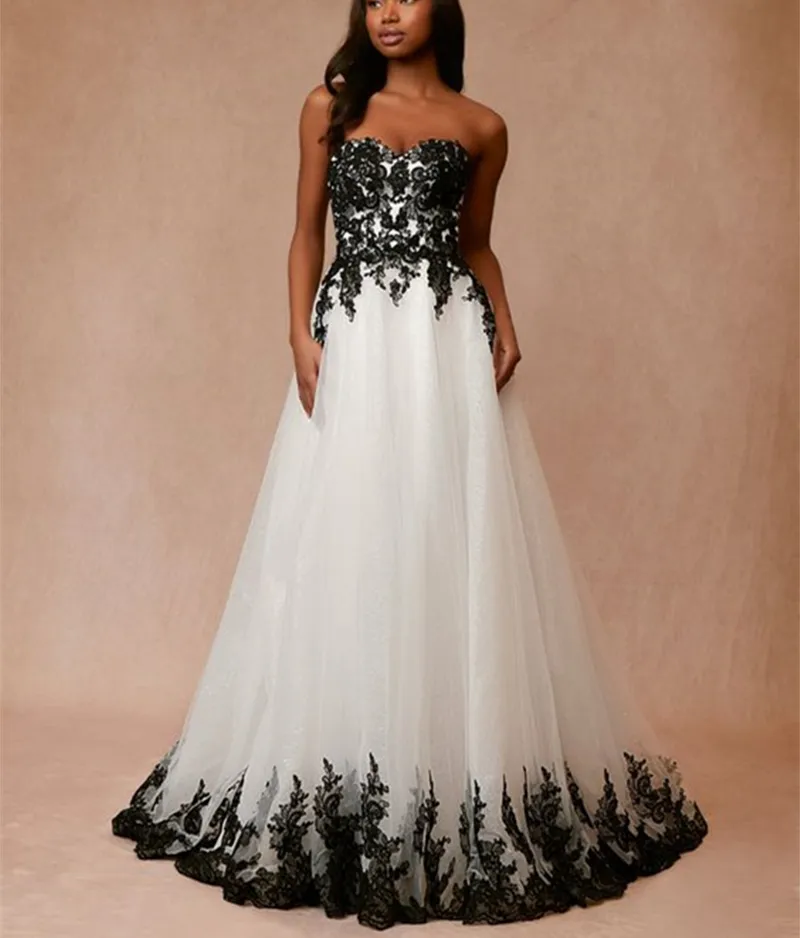 Vintage Black & White Lace Strapless Tulle A-Line Wedding Dresses Bridal  Gowns | eBay