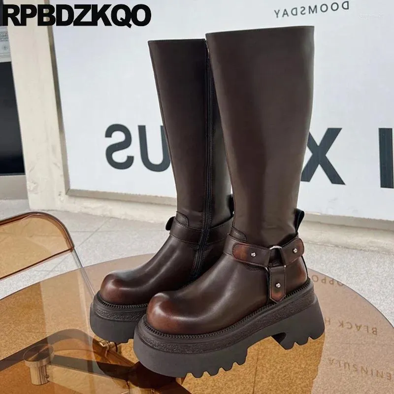 Brown boots on platform with Thick Block, Side Zip, High Brown boots on platform with Thick Block, Side Zip, High