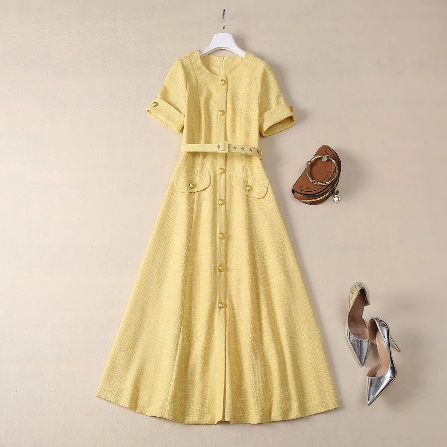 Plus Size Yellow Summer Tweed Dress with Belt | Round Neck & Short Sleeve |  Casual from Dhgate Basic & Casual Dresses - price 75.47