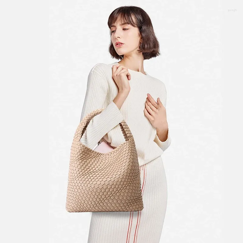 Women's Woven Tote Bag - Vegan Leather Hand-Woven Shoulder Bag With Top Handle & Underarm Carry