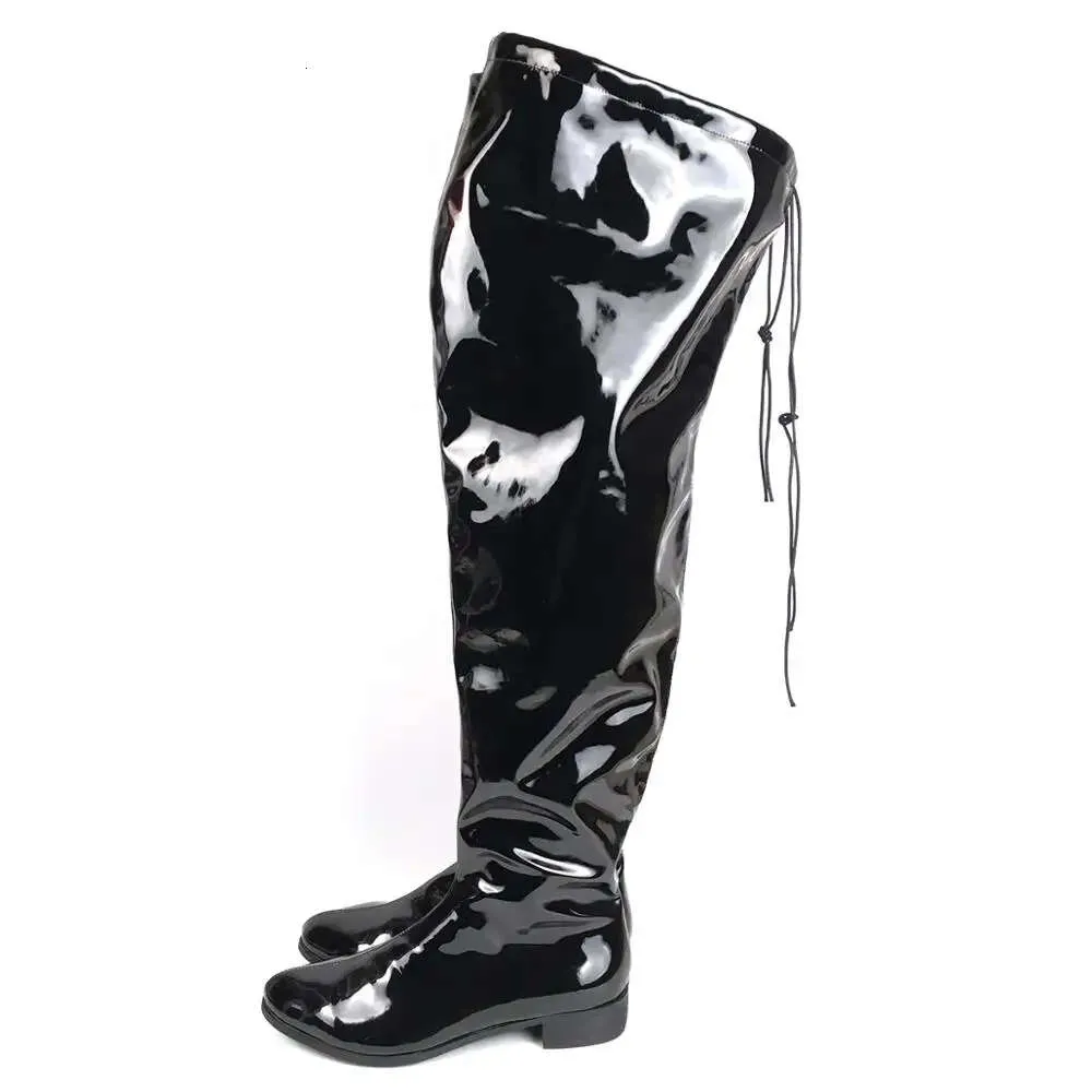 Women's Faux Leather Flat Thigh High Over the Knee Boots Lace Up Round ...
