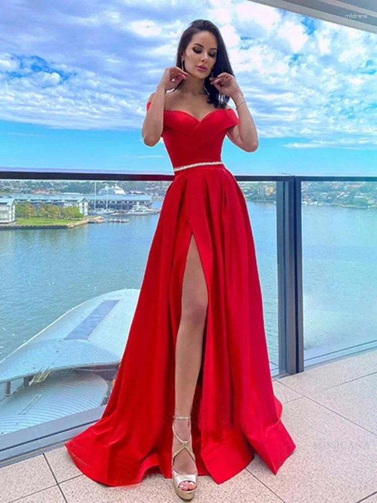 DHgate Shimmering Red Off Shoulder High Slit Gown Elegant Evening Dress for Women Apparel