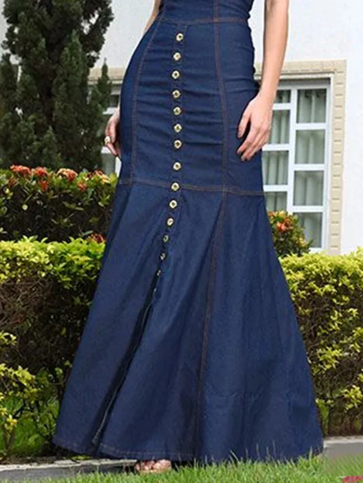 Vintage Slim Fit Denim Bodycon Denim Mermaid Dress with Cut-Out Short Sleeves and Elegant Button Detail for Women - Style 240701