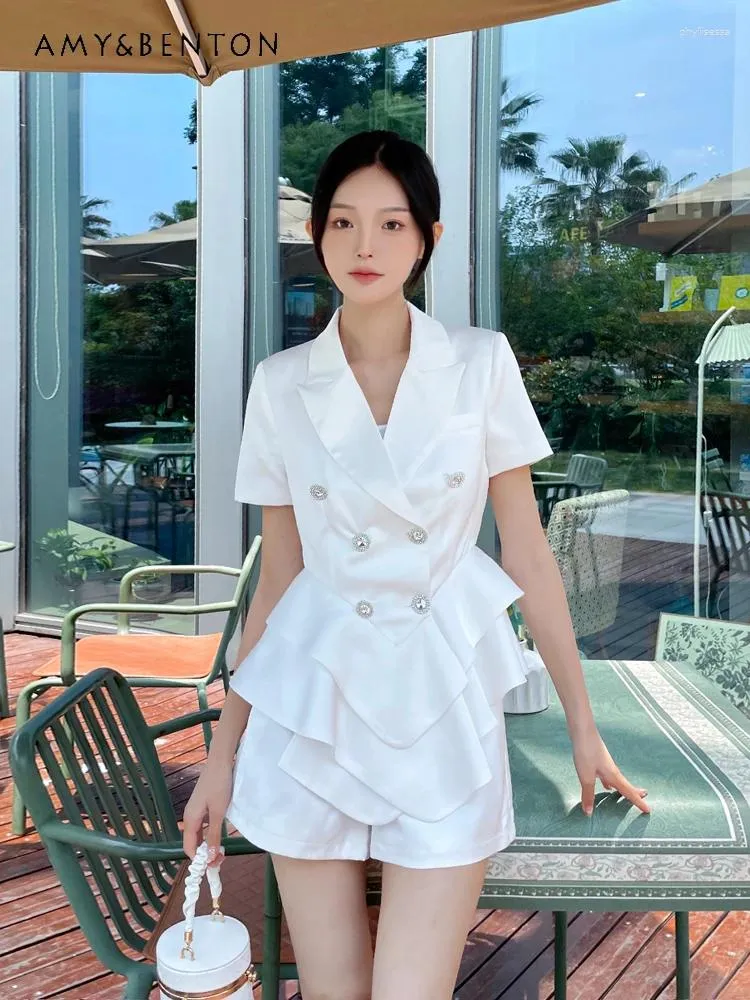 White Satin High End Matalan Womens Tracksuits Set With Ruffled Short Sleeves Wide Leg Pants And Coat Perfect For Office And Fashionable Ladies From Phyllisessa 79.42 DHgate.Com