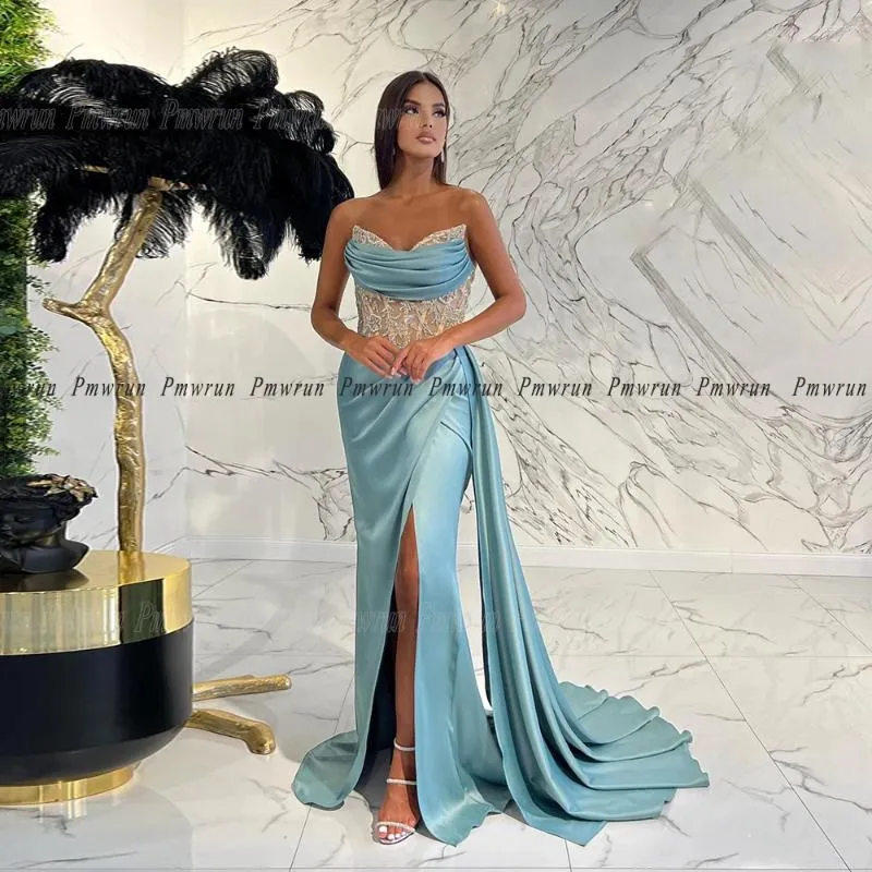 Party Dresses Luxury Prom Dress For Gala 2024 Side Slit With Sweep Train Sheer Rhinestones Sleeveless Formal Evening Gowns Celebrity
