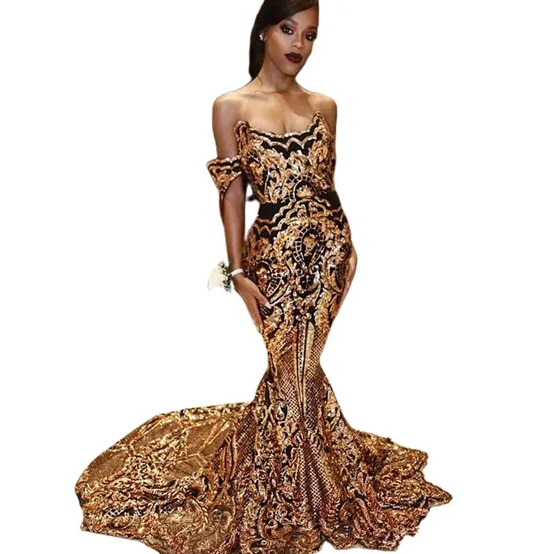 Custom-Made Dark Gold Sequined Mermaid Gold Sequin Prom Dress with Off-Shoulder Design - Perfect for African Neigria Evening Formal Events and