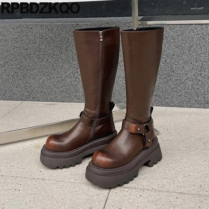 Brown boots on platform with Thick Block, Side Zip, High Brown boots on platform with Thick Block, Side Zip, High