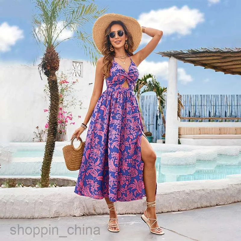 Women's Basic Printed Suspender Beach maxi dress with Open Back, Elastic Waist Strap, and Long Hanging Neckline Women's Basic Printed Suspender Beach maxi dress with Open Back, Elastic Waist Strap, and Long Hanging Neckline