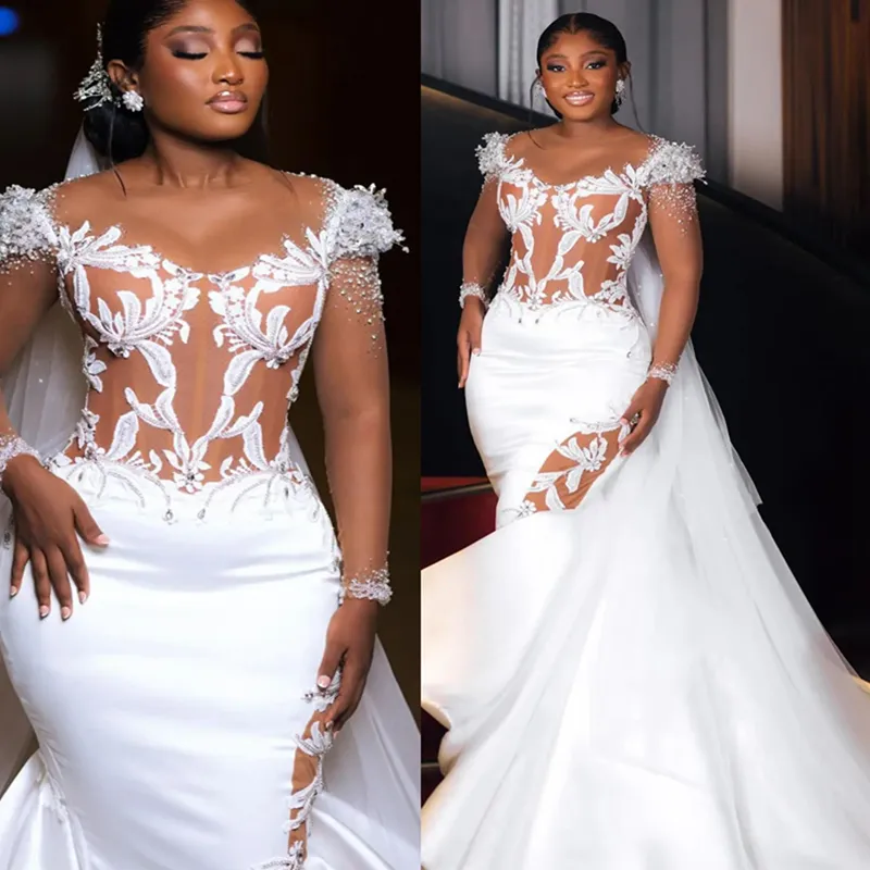 Illusion Mermaid Applique Wedding Dress With Long Sleeves Appliqued Beads Lace Rhinestones And Crystals For Black Women 2022 Bridal Gown D268 From Yestothedress 191.09 DHgate.Com