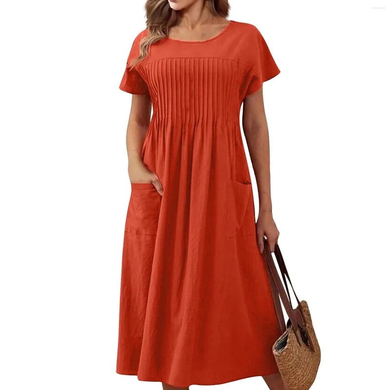 Elegant and Pretty Women's Cotton Linen casual dress with Pocket Square and Short Sleeves - Solid Color, Round Neck, Pleated - 2024 Collection