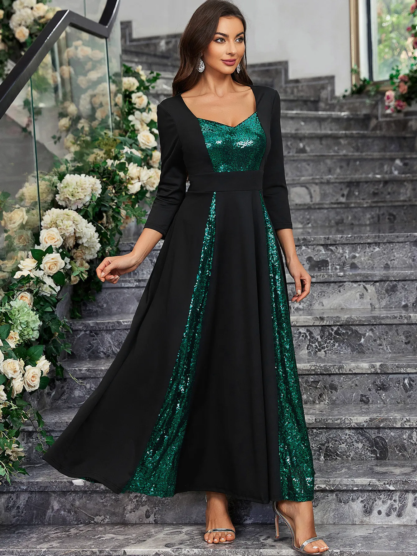 Mother of the Bride Dress Black Green V-Neck Long Sleeve Sequined Satin  Lace Ankle-Length A-Line from Dhgate Mother's Dresses - price 43.42