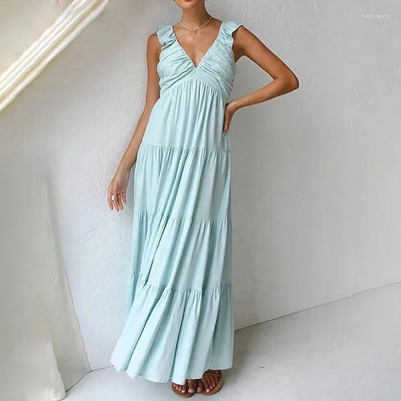 Elegant High Waist Beach Dress for Women - V-Neck, Sleeveless, Pleated, Solid Color Elegant High Waist Beach Dress for Women - V-Neck, Sleeveless, Pleated, Solid Color