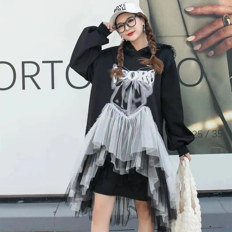 DHgate Plus Size Mesh Spliced T Shirt Dress Casual Streetwear Patchwork Asymmetrical Hooded Sweatshirts Apparel