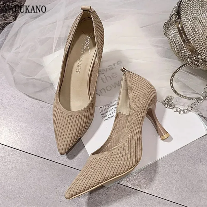 Fashion Knitted Breathable Women Pumps Pointed Toe High Heels Lady
