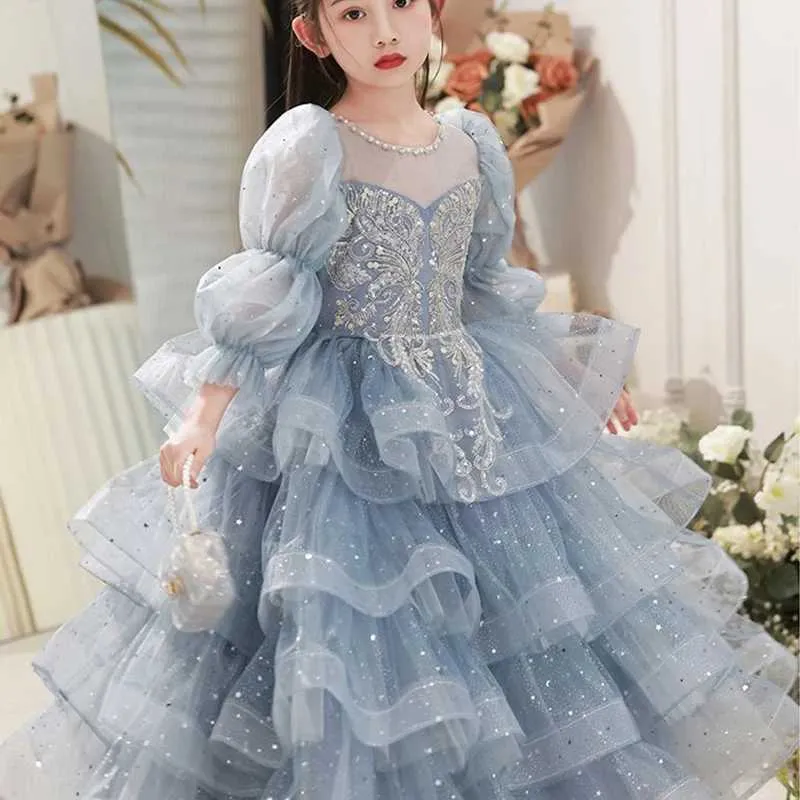 Childrens Evening Dress Blue Girl Princess Dress Small Host Light Luxury  Long-sleeved Casual O-neck Fleece from Dhgate Girl's Dresses - price 52.6