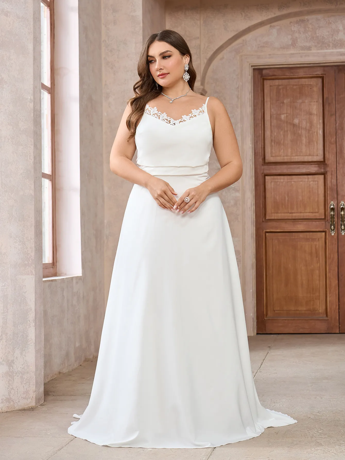 white spaghetti strap formal dress A-Line Spaghetti Straps White Satin Tulle Tea-Length Wedding Dresses, Diamond White / Custom Size main image 0