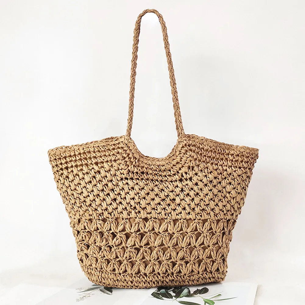 Women Straw Beach Bag with Zipper Closure Handmade Woven Shoulder Tote ...
