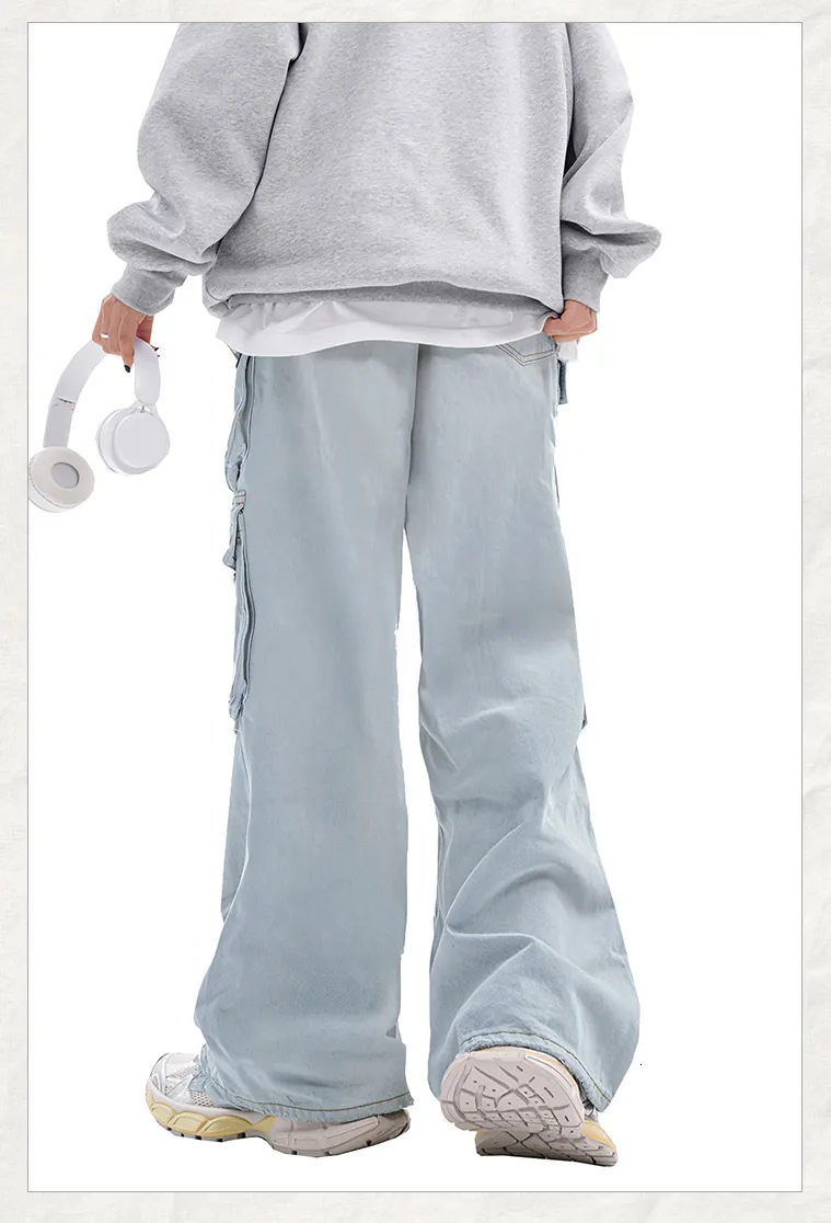 WHOOWAP Womens Vintage Washed Multi-Pocket Wide Leg Straight