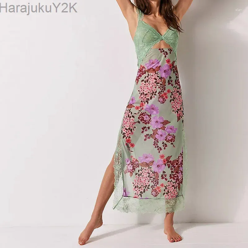 Vintage 90s Casual Maxi Dress with Lace Trim, Low Cut V Neck, Floral Print,  Mesh Sheer Back, and Split for Women from Dhgate Basic & Casual Dresses -  price 33.15