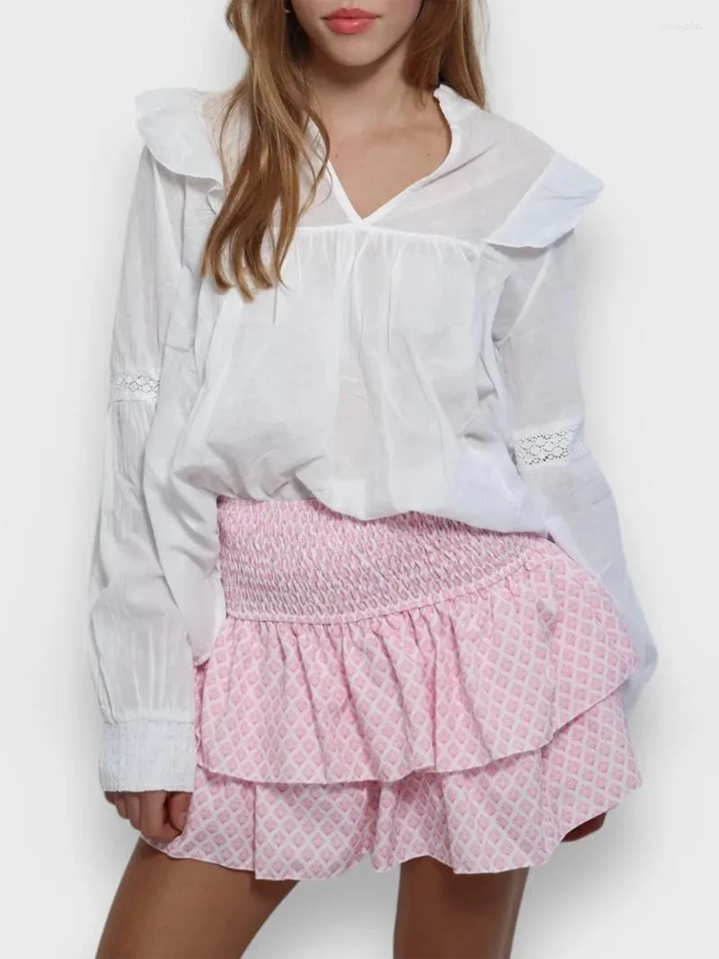 Smocked Floral Boho Mini Skirt High-Waisted Ruffle Flowy Beach A-Line