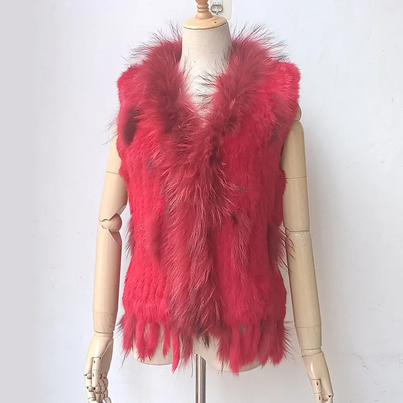Women s Real Rabbit Fur Vest with Raccoon Fur Trim Sleeveless Gilet Khaki Sapphire Blue Wine Olive Ivory Black White Grass Green Grass