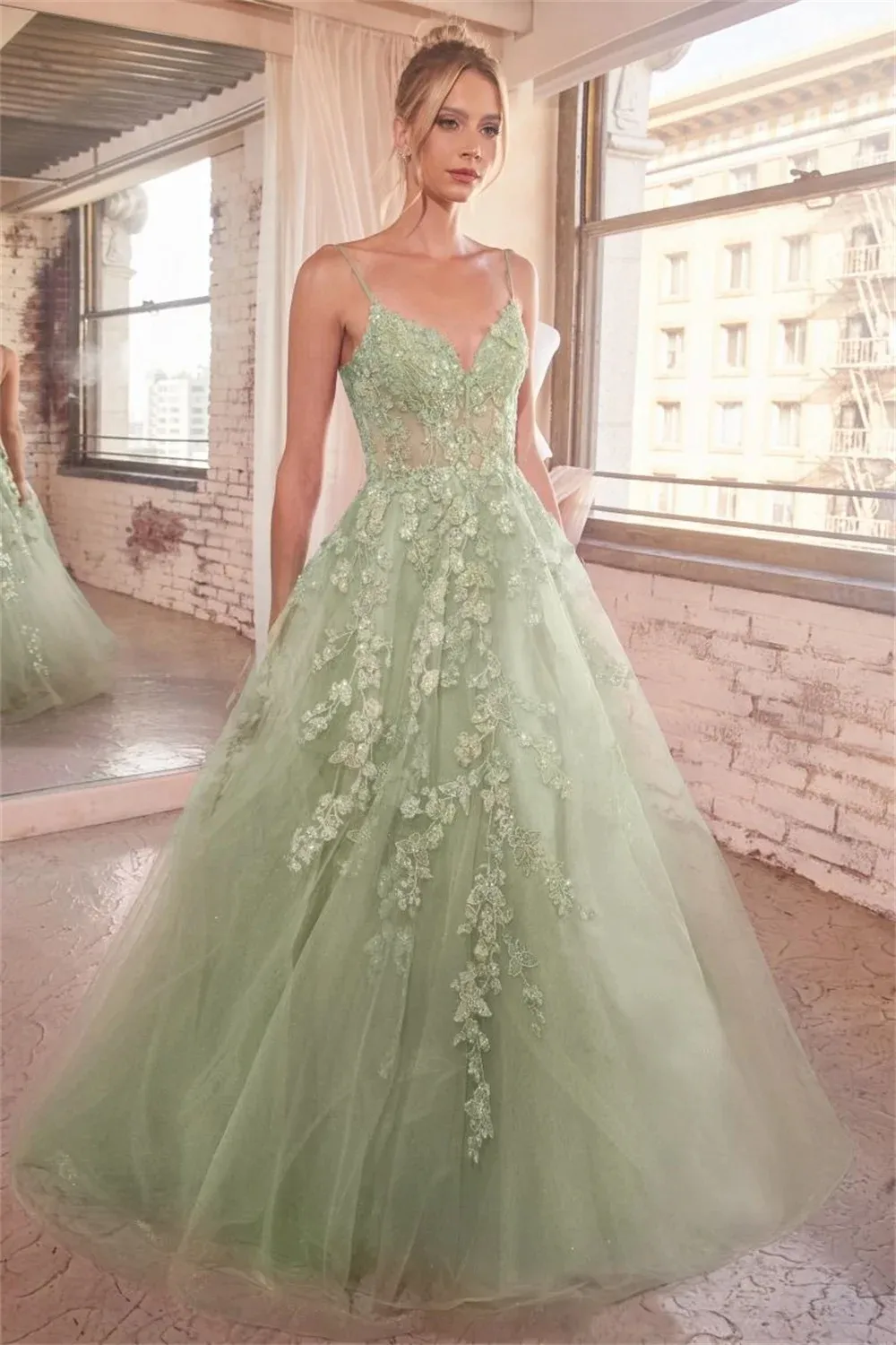 Sage Lace Corset Prom Dress V-neck Sheer 3D Floral Gala Gown
