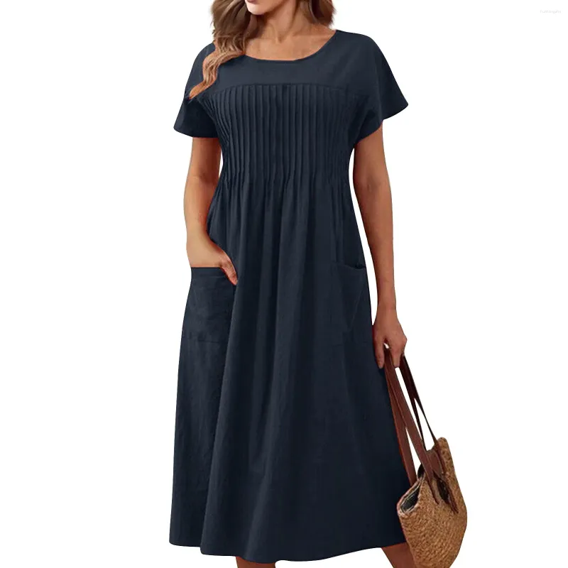 Elegant and Pretty Women's Cotton Linen casual dress with Pocket Square and Short Sleeves - Solid Color, Round Neck, Pleated - 2024 Collection Elegant and Pretty Women's Cotton Linen casual dress with Pocket Square and Short Sleeves - Solid Color, Round Neck, Pleated - 2024 Collection