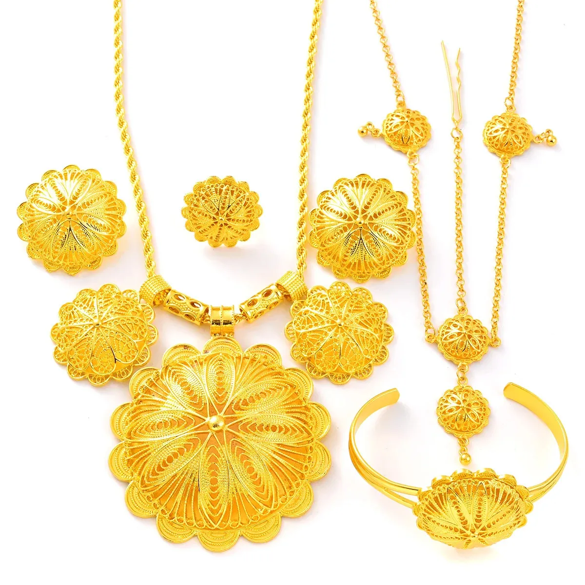 Women's Ethiopian Jewelry Set - 24k Gold Plated Eritrea Africa Wedding Necklace & Earrings Set